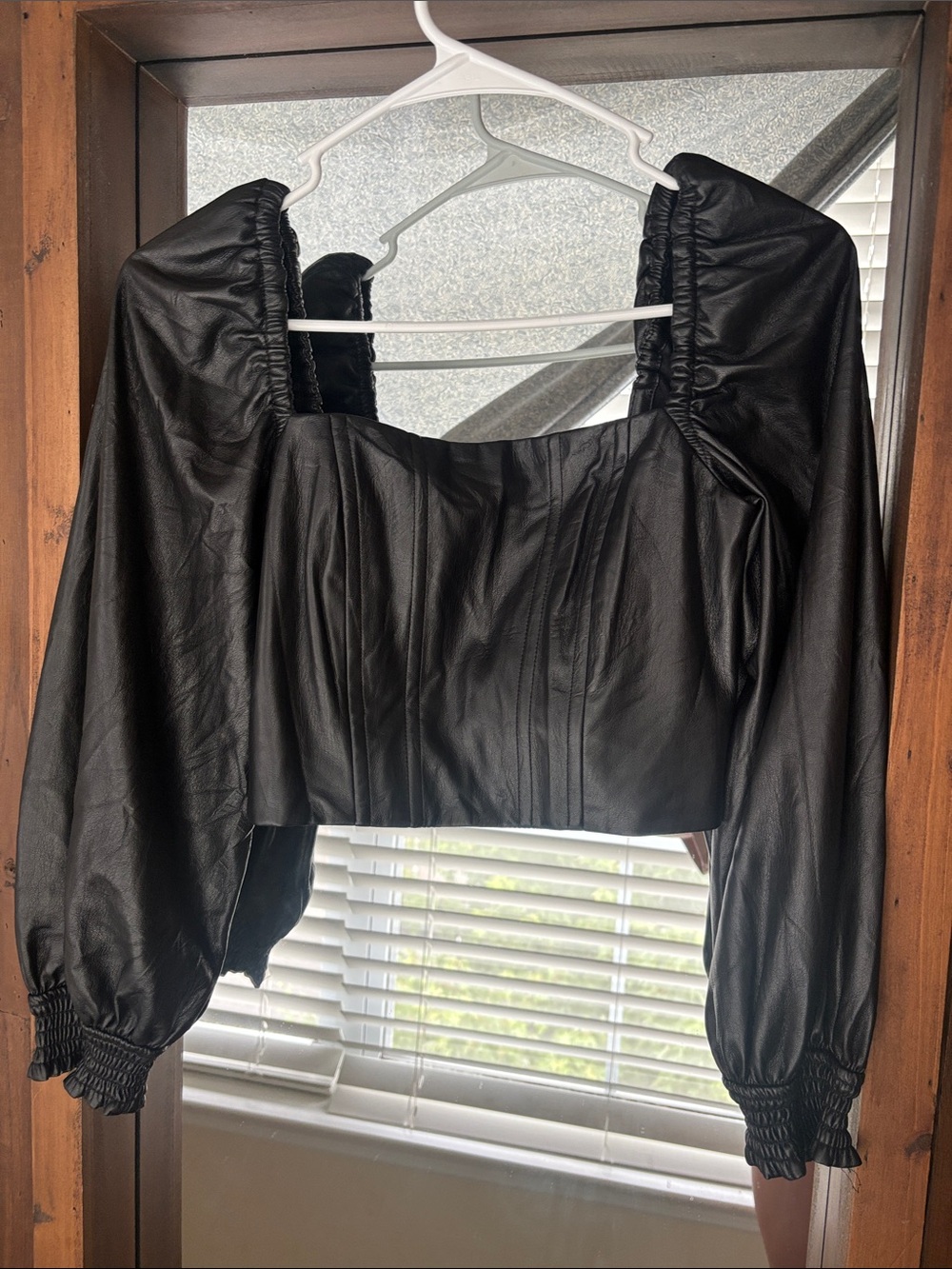 Alice + Olivia Black Faux Leather Puff Sleeve Crop Top